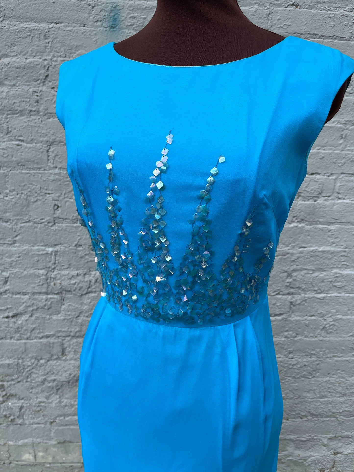 Vintage 1950s/1960s Teal Blue Sleeveless Crepe Chiffon Sequin Wiggle Dress