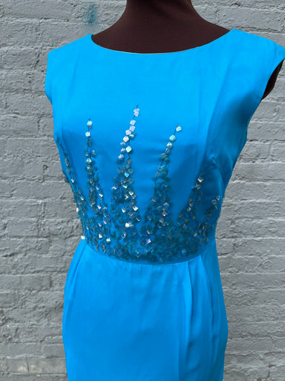 Vintage 1950s/1960s Teal Blue Sleeveless Crepe Chiffon Sequin Wiggle Dress