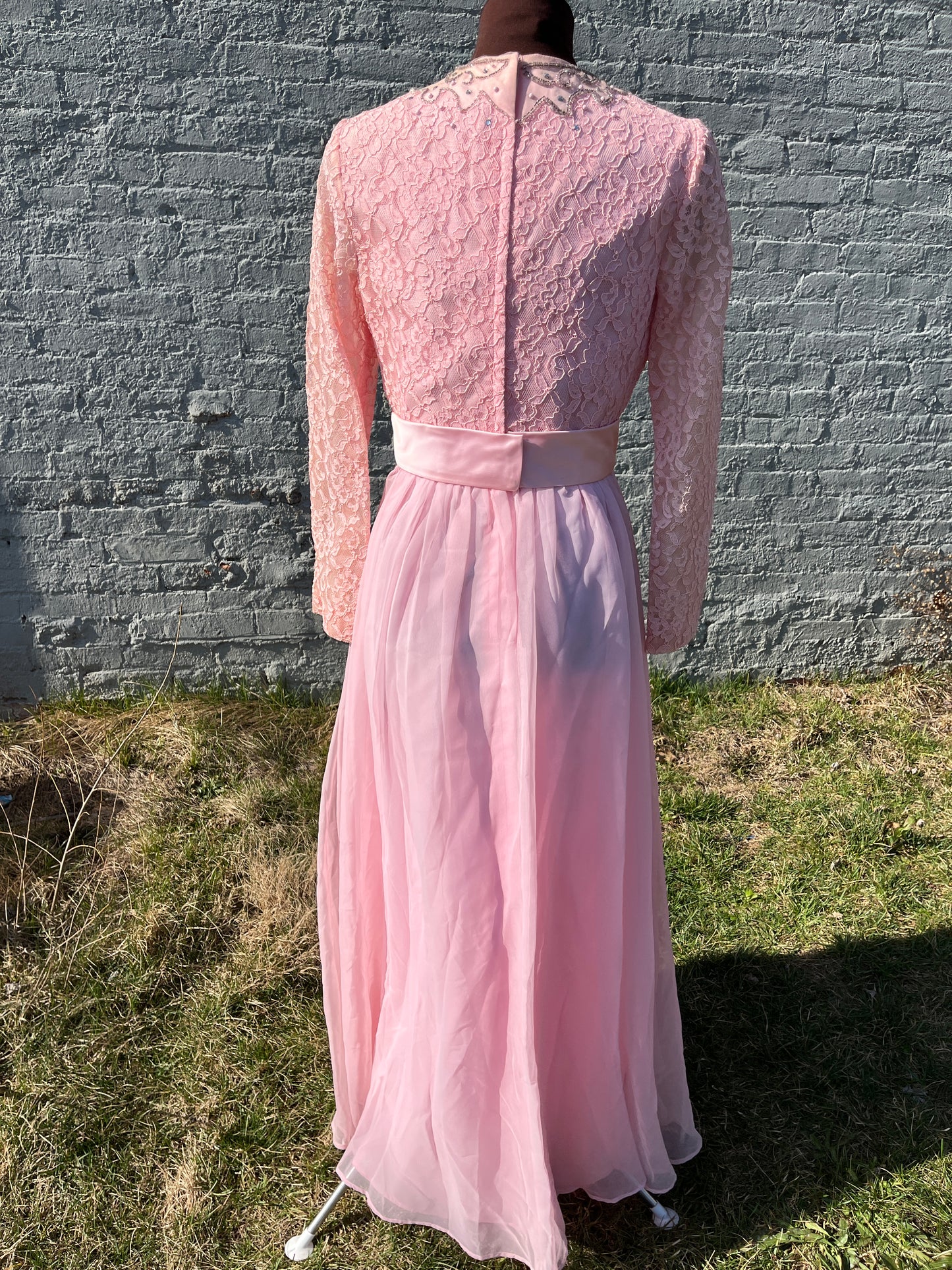 Vintage 1960s ILGWU Fit & Flare Bubblegum Pink Lace & Chiffon Gown with Crystal Rhinestones & Satin Bow