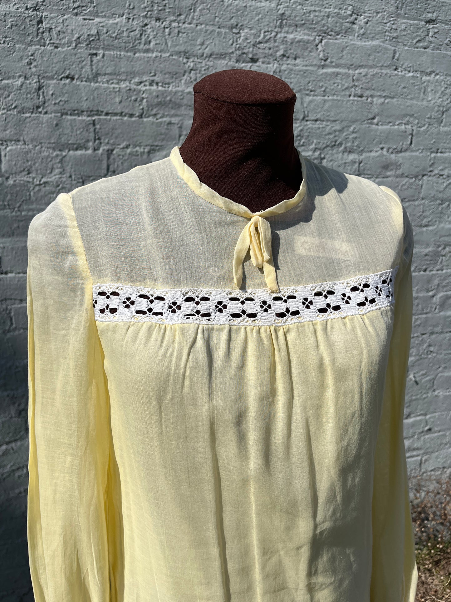 Vintage 1960s Pastel Yellow Cotton Voile Mod Mini Dress with White Embroidery Lace Trim