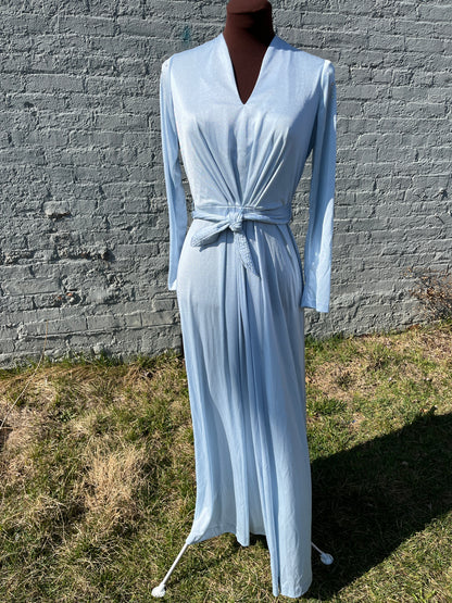 Vintage 1970s Powder Blue Synthetic Knit V-Neck Gown with Crystal Rhinestone Shoulders