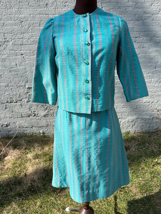 Vintage 1950s 2pc Teal & Red Tapestry Weave Jacket & Wiggle Dress Set