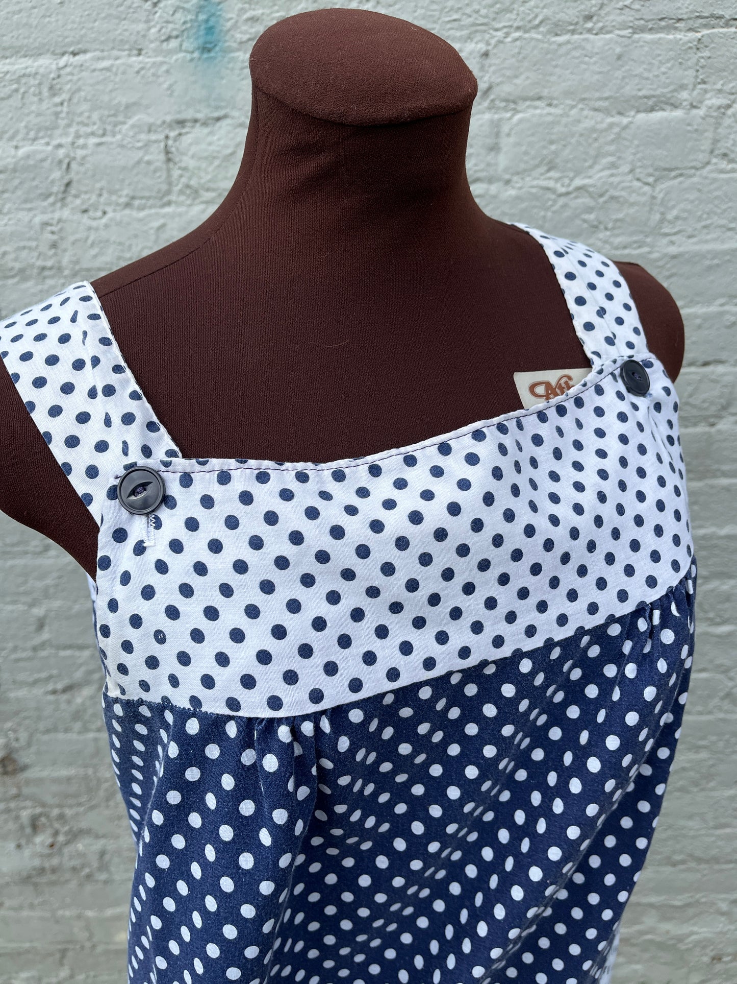 Vintage 1960s/1970s Navy Blue & White Polka Dot Sleeveless Pinafore Ruffle Shift Dress