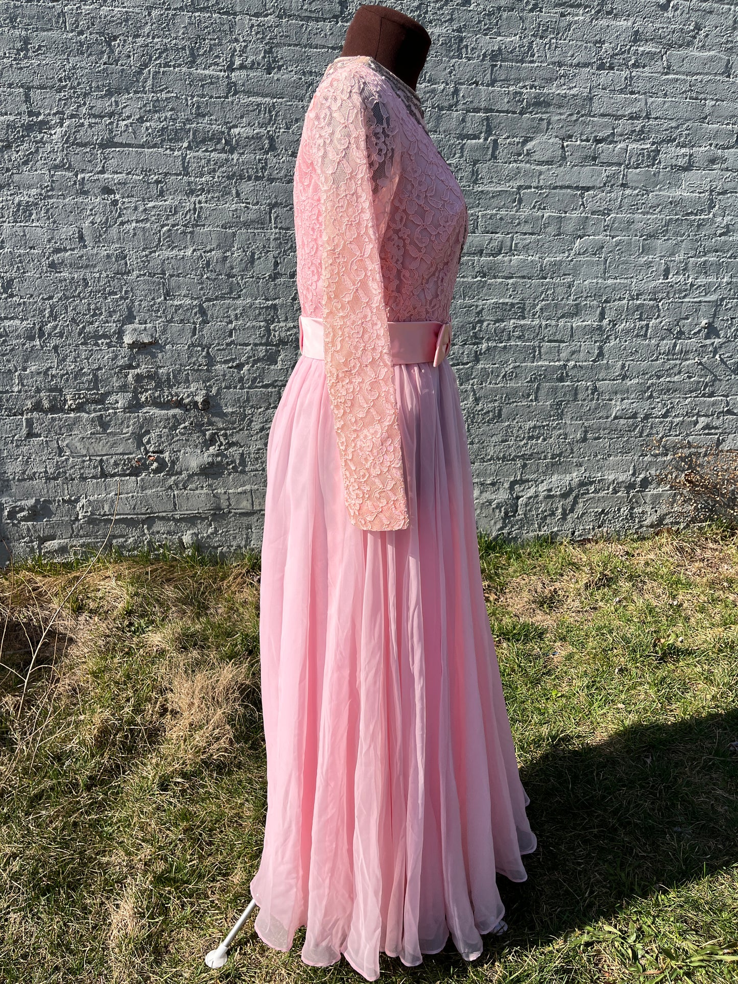 Vintage 1960s ILGWU Fit & Flare Bubblegum Pink Lace & Chiffon Gown with Crystal Rhinestones & Satin Bow