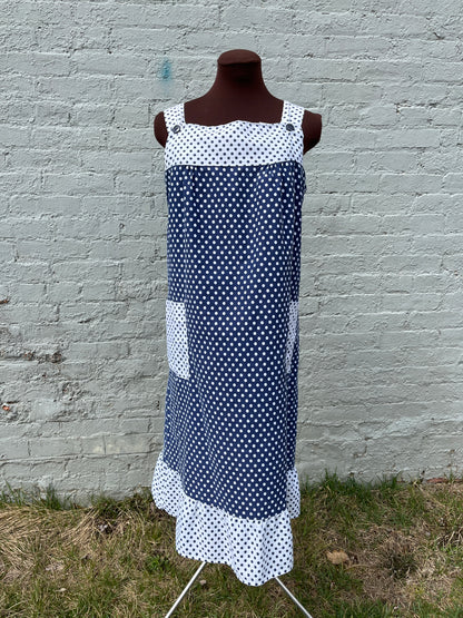 Vintage 1960s/1970s Navy Blue & White Polka Dot Sleeveless Pinafore Ruffle Shift Dress