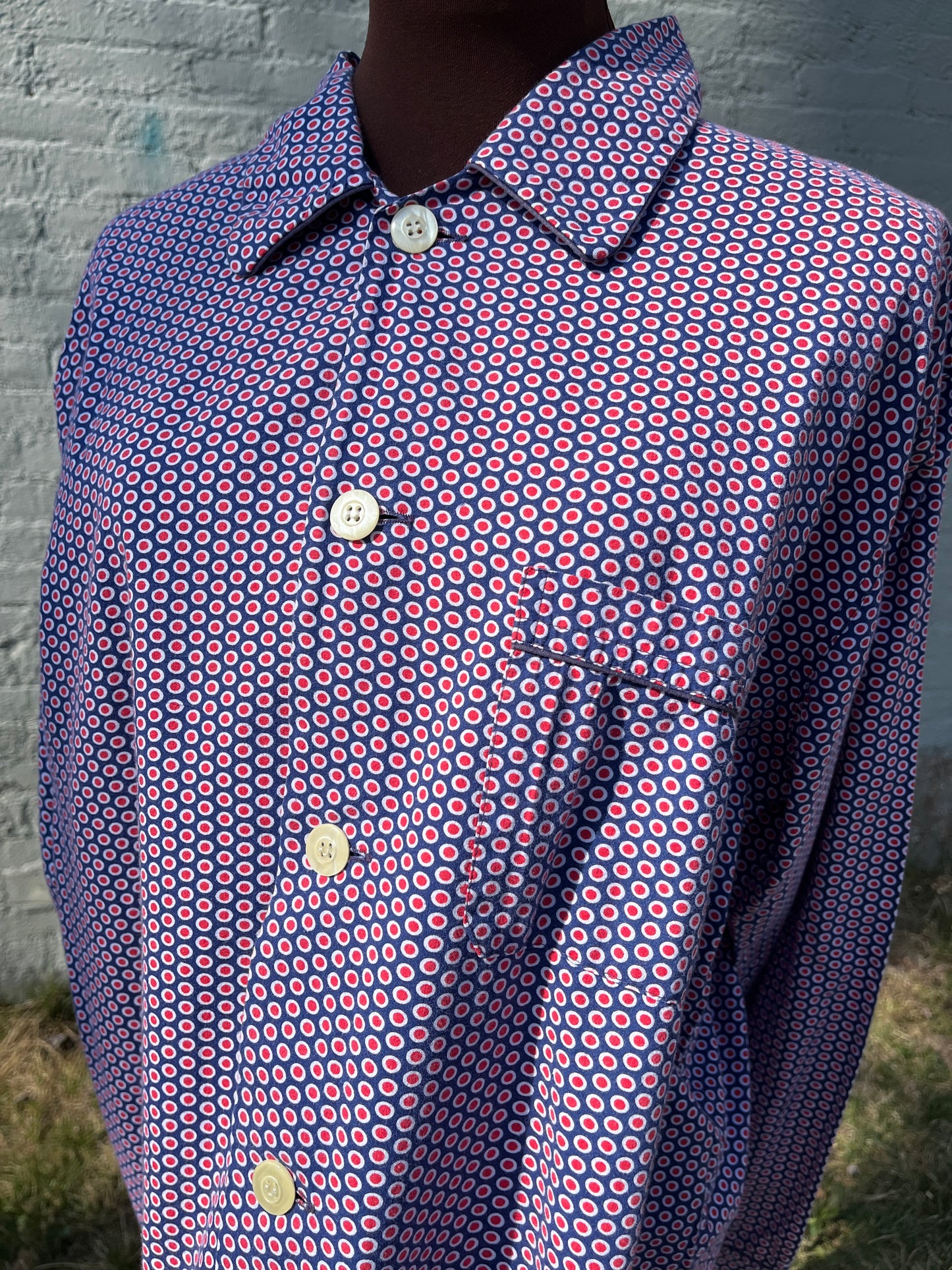 Vintage 1950s Bullock & Jones by Derek Rose Mid-Century Red, White, & Blue Circle Print Tunic Shirt