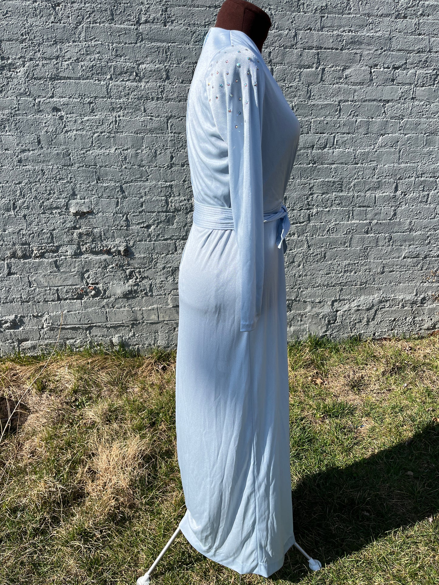 Vintage 1970s Powder Blue Synthetic Knit V-Neck Gown with Crystal Rhinestone Shoulders