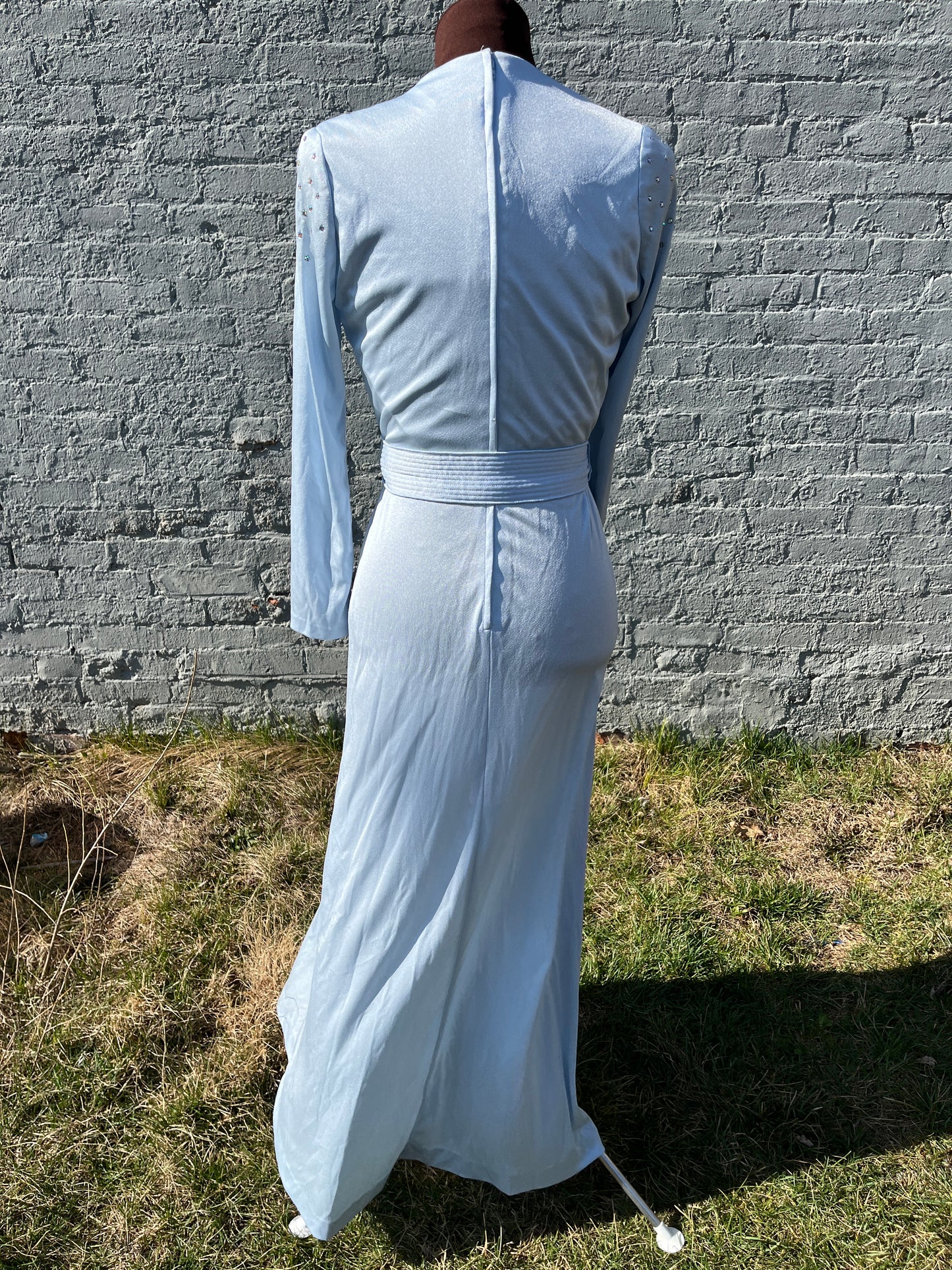 Vintage 1970s Powder Blue Synthetic Knit V-Neck Gown with Crystal Rhinestone Shoulders