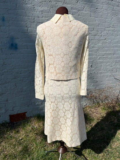 Vintage 1950s/1960s 3pc ILGWU Ivory Floral Lace Skirt & Jacket Set