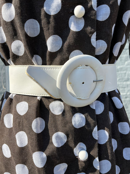 Vintage 1970s Jerrie Lurie Cotton Organdy Black & White Polka Dot Dagger Collar & Ruffle Hem with Belt