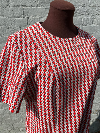 Vintage 1960s Black, Red, & White Synthetic Jacquard Diamond Knit Mid-Century Drop Waist Mod Dress