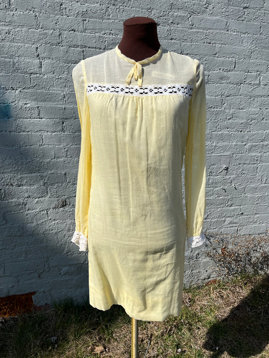 Vintage 1960s Pastel Yellow Cotton Voile Mod Mini Dress with White Embroidery Lace Trim