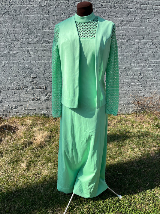 Vintage 1960s 2pc Spring Green Synthetic Knit Gown & Vest Set