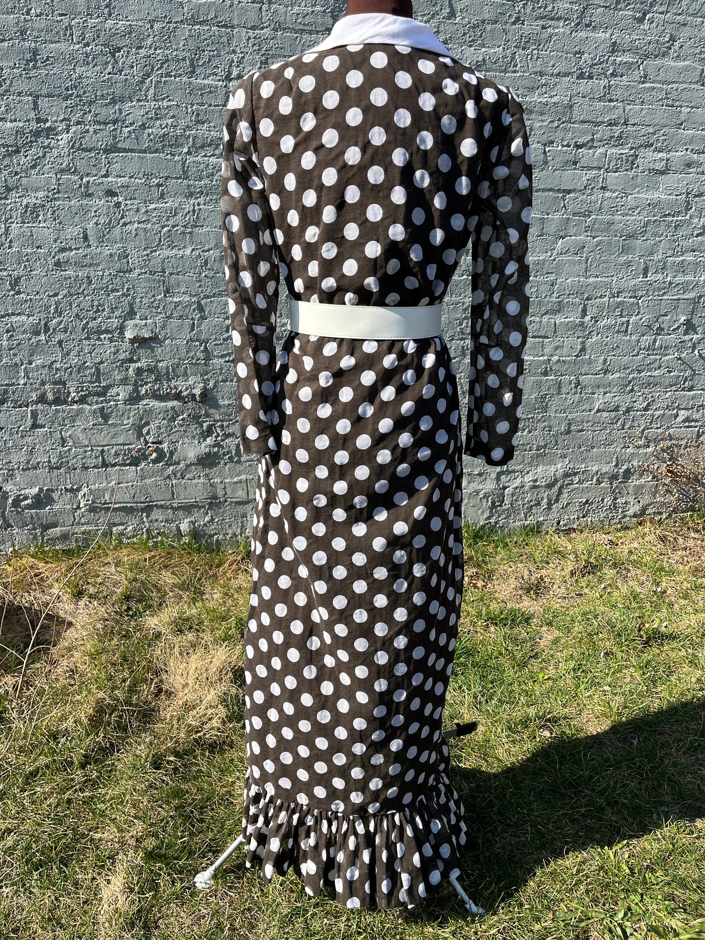 Vintage 1970s Jerrie Lurie Cotton Organdy Black & White Polka Dot Dagger Collar & Ruffle Hem with Belt