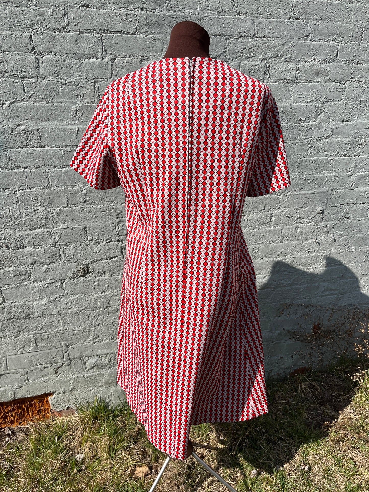 Vintage 1960s Black, Red, & White Synthetic Jacquard Diamond Knit Mid-Century Drop Waist Mod Dress