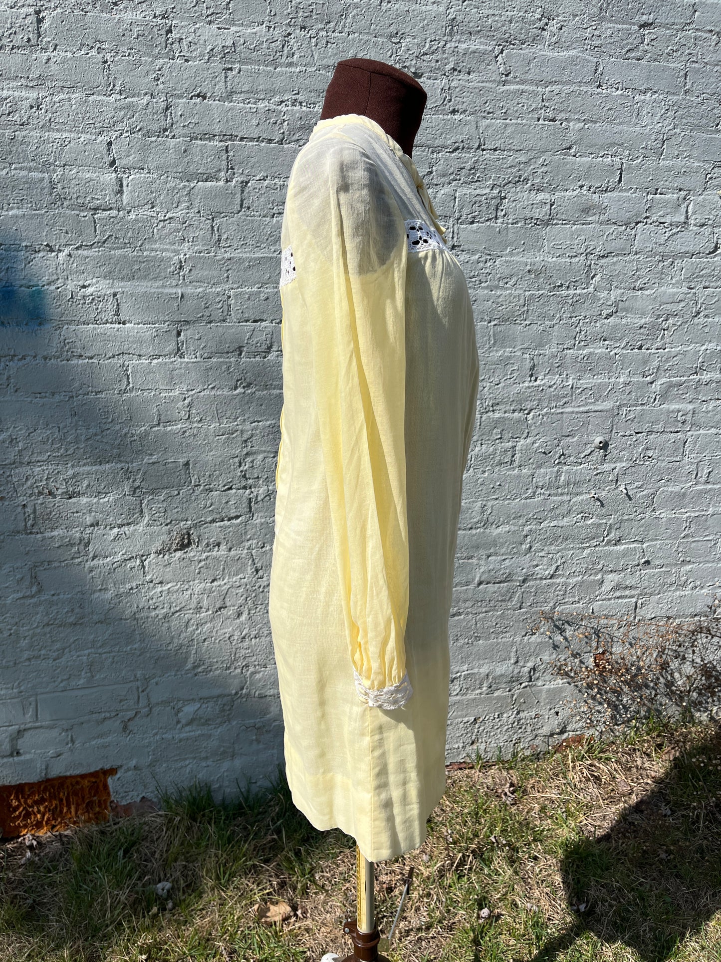 Vintage 1960s Pastel Yellow Cotton Voile Mod Mini Dress with White Embroidery Lace Trim