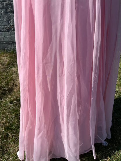 Vintage 1960s ILGWU Fit & Flare Bubblegum Pink Lace & Chiffon Gown with Crystal Rhinestones & Satin Bow