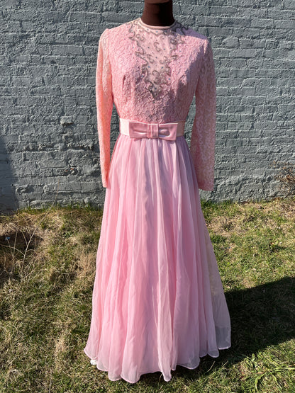 Vintage 1960s ILGWU Fit & Flare Bubblegum Pink Lace & Chiffon Gown with Crystal Rhinestones & Satin Bow