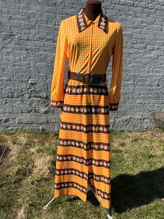 Vintage 1970s Jerrie Lurie Orange & Brown Floral Gingham Synthetic Knit Dagger Collar Gown