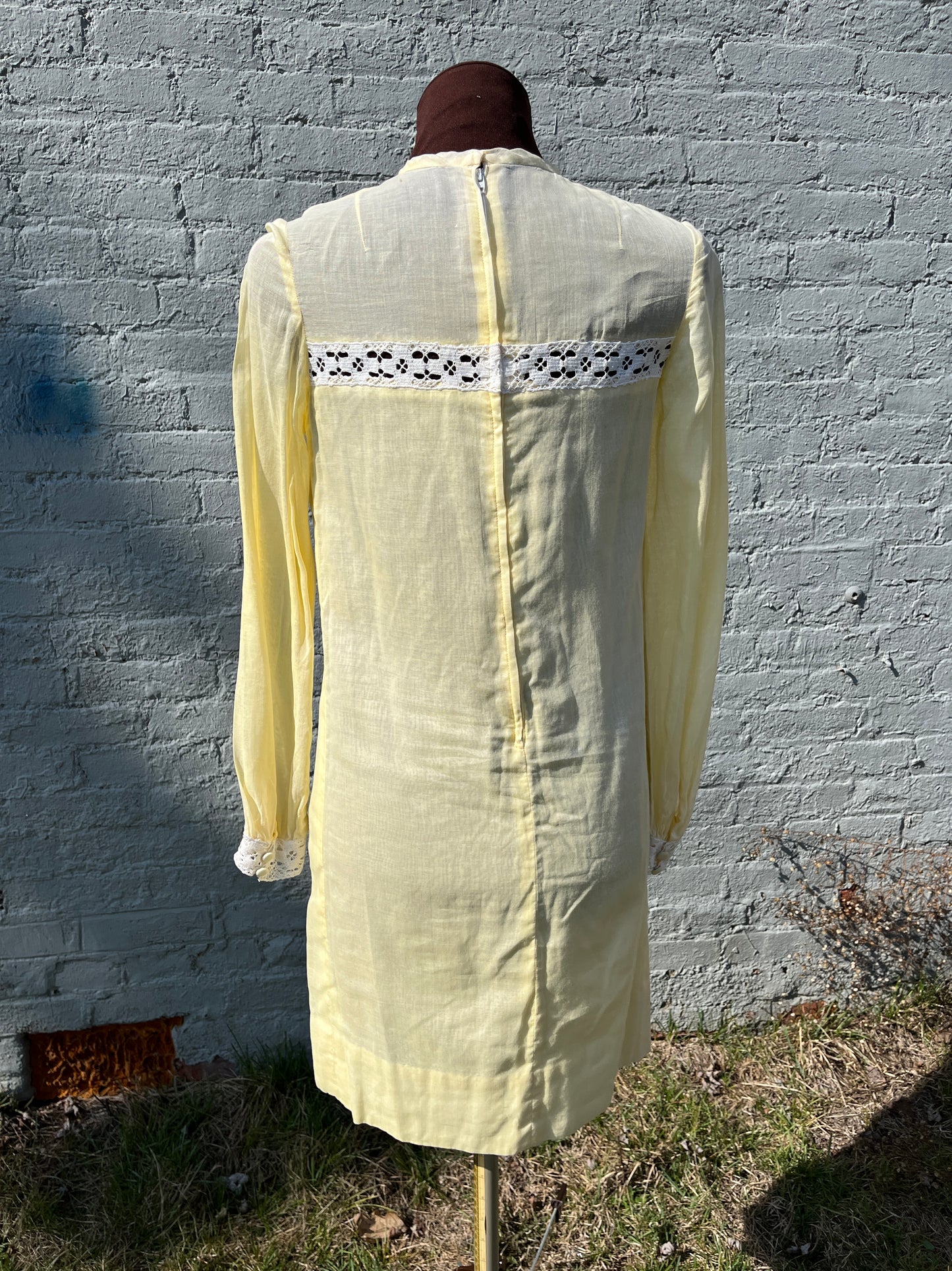 Vintage 1960s Pastel Yellow Cotton Voile Mod Mini Dress with White Embroidery Lace Trim