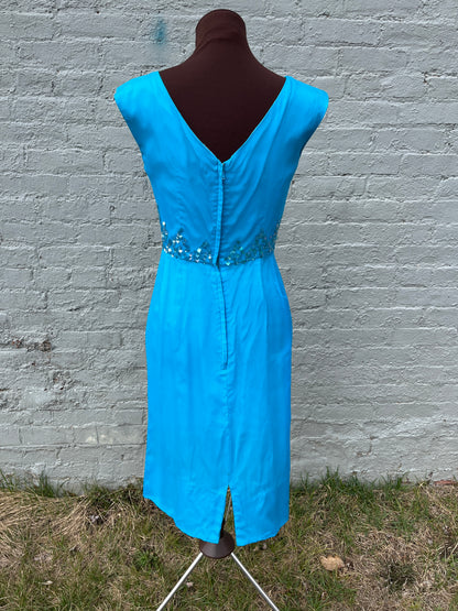 Vintage 1950s/1960s Teal Blue Sleeveless Crepe Chiffon Sequin Wiggle Dress