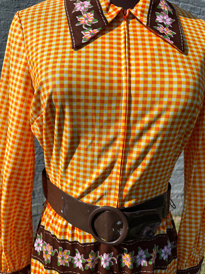 Vintage 1970s Jerrie Lurie Orange & Brown Floral Gingham Synthetic Knit Dagger Collar Gown