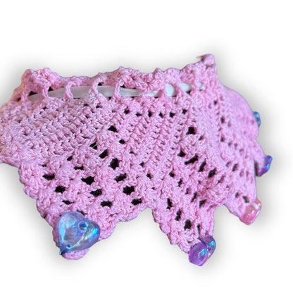 Hand Dyed Pink Crochet Collar with Rainbow Heart Embellishment