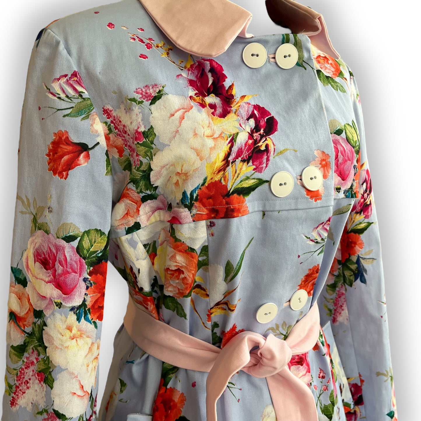 Oversized Bright Floral Print Double Breasted Trench Coat with Belt