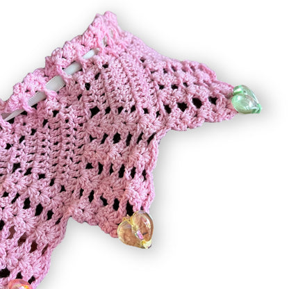 Hand Dyed Pink Crochet Collar with Rainbow Heart Embellishment