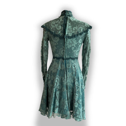 Forest Fairy Hand Dyed Green Lace 70s Mini Dress