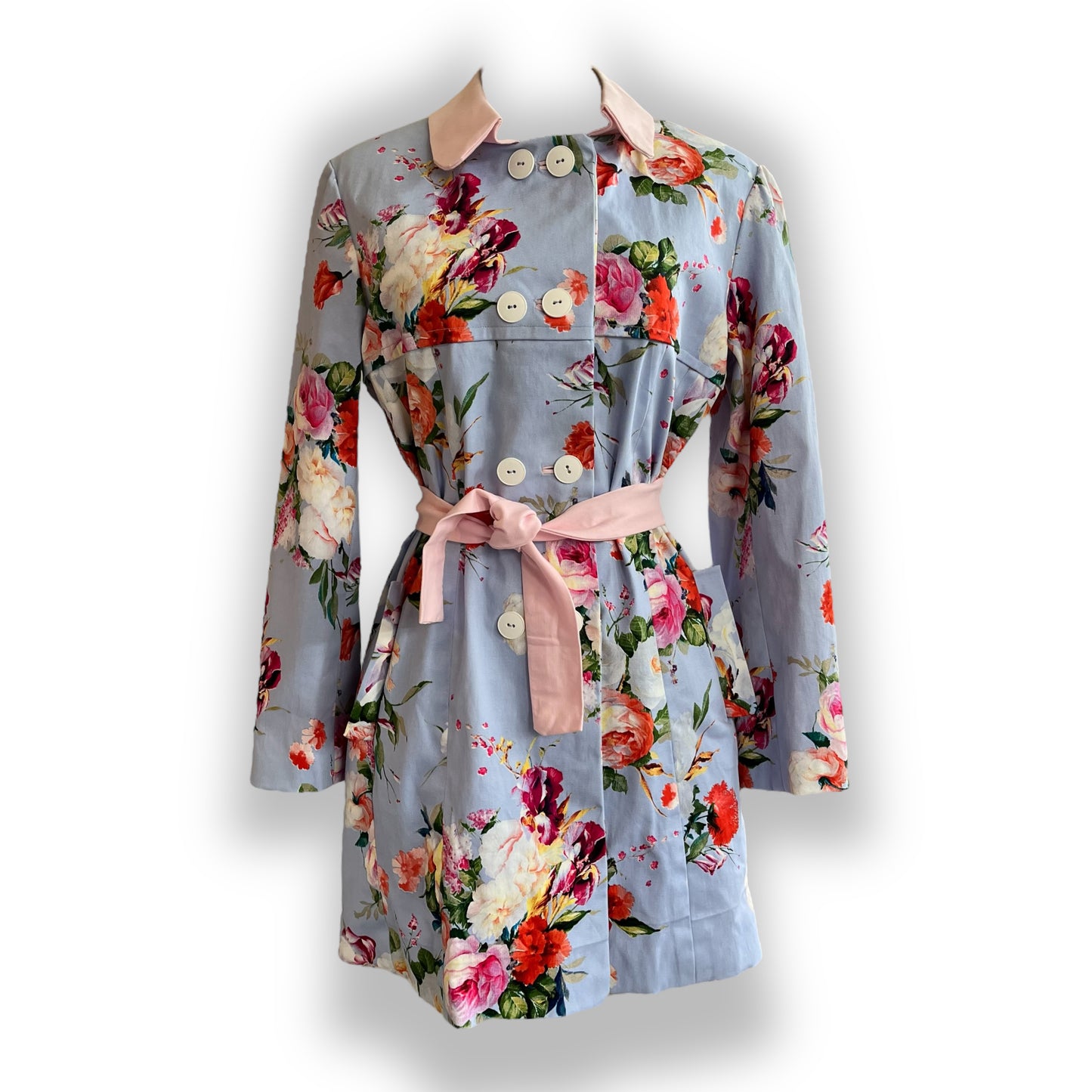 Oversized Bright Floral Print Double Breasted Trench Coat with Belt