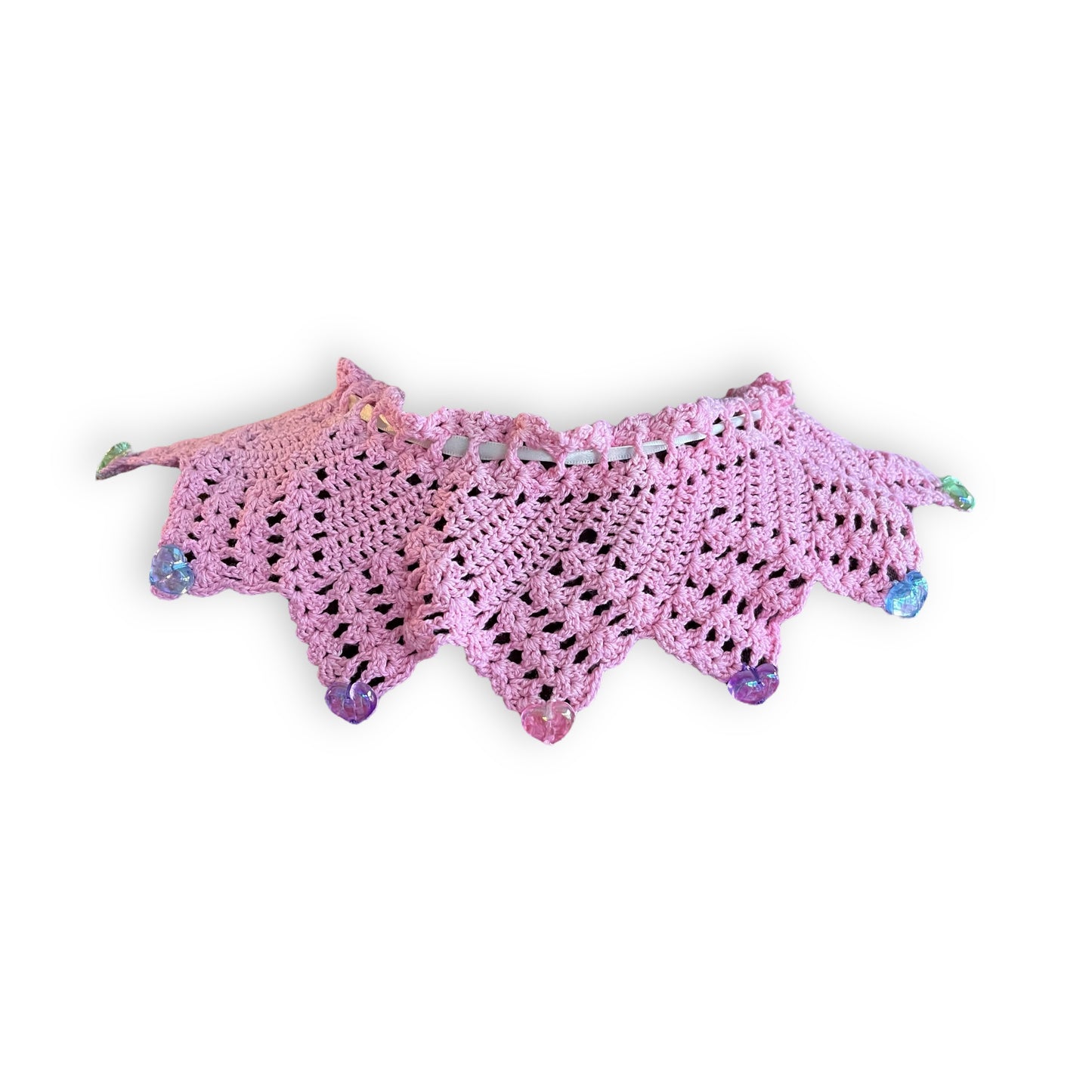 Hand Dyed Pink Crochet Collar with Rainbow Heart Embellishment